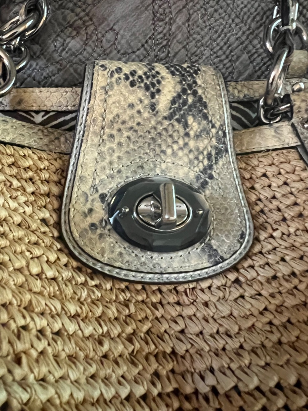 Coach Straw Hampton Python Trim Tote Shoulder Hobo Bag w/ Turn Lock Zebra Lined - Picture 3 of 10